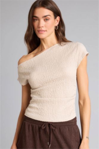 WOMAN Beige Slim Fit One Shoulder Crepe Short Sleeve T-shirt