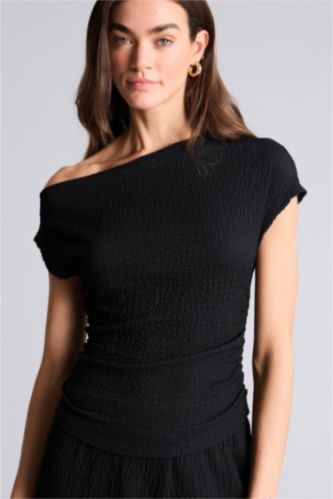 WOMAN Black Slim Fit One Shoulder Crepe T-Shirt