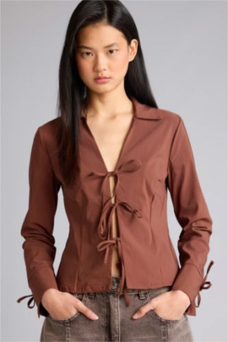 Женщины Коричневый Блузка с длинным рукавом приталенного кроя бенгалин для женщин