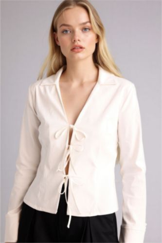 Женщины Кремовый Блузка с длинным рукавом приталенного кроя бенгалин для женщин