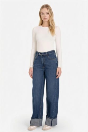 Wide Leg Folded Leg Denim Trousers
