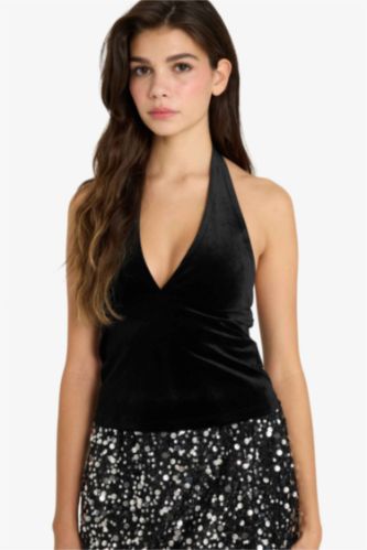 Fitted Halter Yaka Kadife Bluz