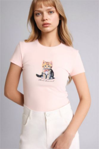 Женщины Светло-розовый Футболка Fitted в рубчик с принтом и коротким рукавом