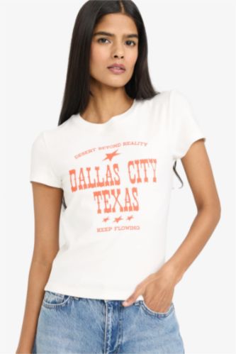 Женщины Кремовый Футболка Fitted в рубчик с круглым вырезом принтом и коротким рукавом