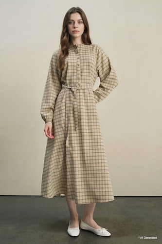 Woman Beige Regular Fit Crew Neck Printed Dress