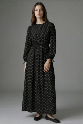 WOMAN Black Crew Neck Printed Poplin Balloon Sleeves Dress