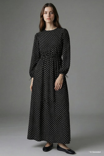 WOMAN Black 100% Cotton Printed Poplin Long Sleeve Dress