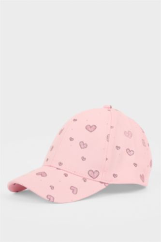 Kız Çocuk - Genç Kız Pembe Kalp Desenli Pamuklu Cap Şapka Kız Çocuk