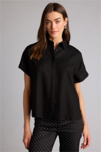WOMAN Black Regular Fit Shirt Collar Short Sleeve Shirt