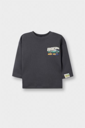 Erkek Bebek Oversize Geniş Kalıp Bisiklet Yaka Baskılı Uzun Kollu Tişört