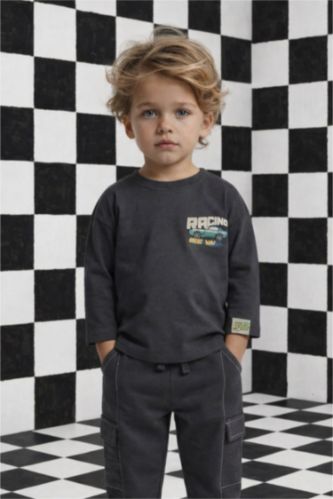 Ұл сәбилерге арналған Oversize кең пішімді дөңгелек жағалы суретті ұзын жеңді футболка