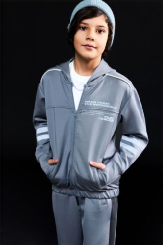 Baskılı Kapüşonlu Skuba Dalgıç Kumaş Fermuarlı Hırka Erkek Çocuk