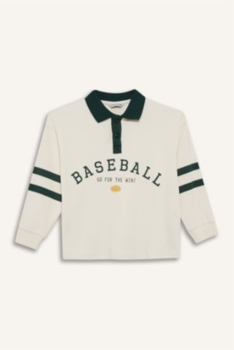 Erkek Çocuk Oversize Geniş Kalıp Polo Yaka Baskılı Uzun Kollu Tişört