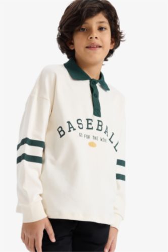 Oversize Geniş Kalıp Polo Yaka Baskılı Uzun Kollu Tişört Erkek Çocuk