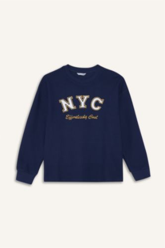 Erkek Çocuk Oversize Geniş Kalıp Bisiklet Yaka Baskılı Uzun Kollu Tişört