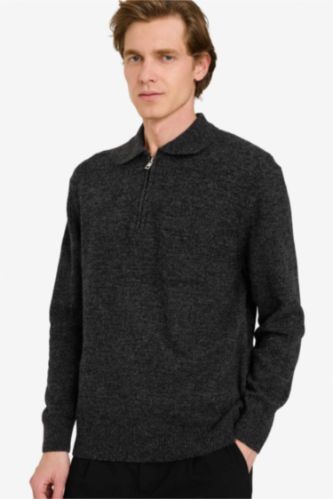 Standart Fit Polo Yaka Yarım Fermuarlı Triko Kazak