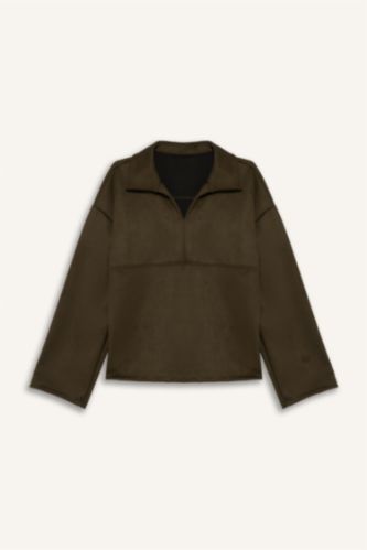 Oversize Geniş Kalıp Polo Yaka Süet Uzun Kollu Tişört