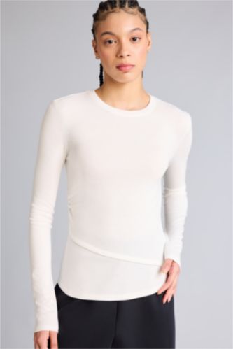 Женщины Бежевый Спортивная футболка Slim Fit из модала с круглым вырезом и длинным рукавом