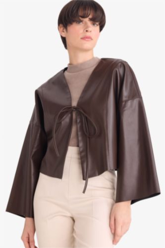 Önden Bağlamalı Suni Deri Ceket