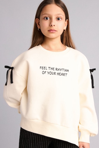 Kız Çocuk - Genç Kız Ekru Oversize Geniş Kalıp Baskılı İçi Yumuşak Tüylü Sweatshirt Kız Çocuk
