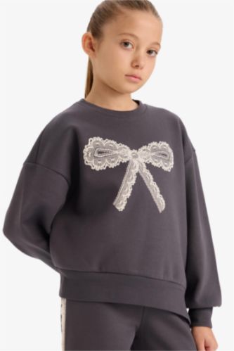 Kız Çocuk Overshirt Fit Baskılı İçi Yumuşak Tüylü Sweatshirt