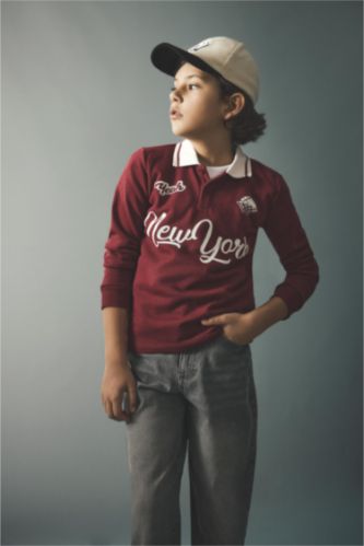 Boys & Teens Bordeaux Boy Regular Fit Printed Long Sleeve Polo T-Shirt