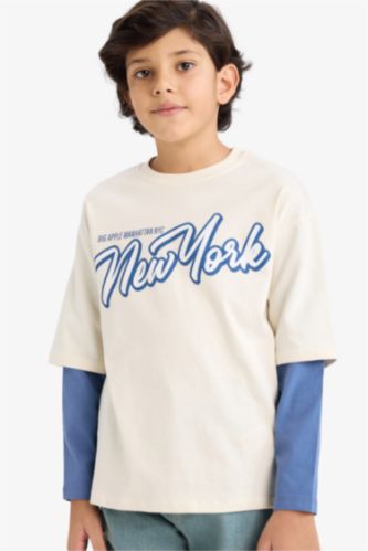 Erkek Çocuk Oversize Geniş Kalıp Bisiklet Yaka Baskılı Uzun Kollu Tişört