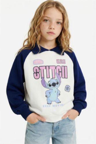 Kız Çocuk Disney Lilo & Stitch Oversize Geniş Kalıp Polo Yaka İçi Yumuşak Tüylü Sweatshirt