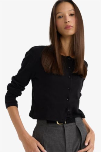 Slim Fit Dar Kesim Bisiklet Yaka Ribana Uzun Kollu Tişört