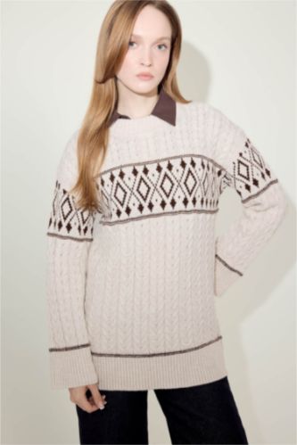 Regular Fit Bisiklet Yaka Desenl Triko Kazak Tunik