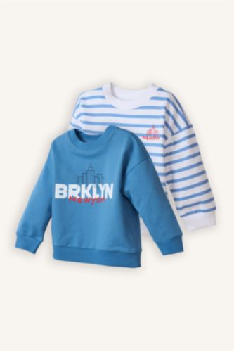 Erkek Bebek Oversize Geniş Kalıp Bisiklet Yaka Baskılı 2'li Sweatshirt