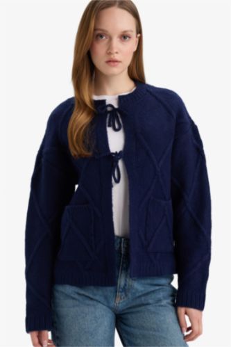 Regular Fit Bisiklet Yaka Önden Bağlamalı Triko Hırka