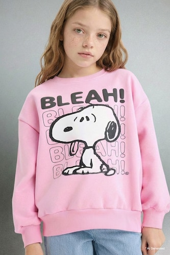 Snoopy Oversize Geniş Kalıp Bisiklet Yaka İçi Yumuşak Tüylü Sweatshirt Kız Çocuk