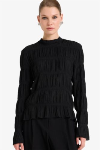 Regular Fit Bisiklet Yaka Arkası Bağlamalı Bürümcük Uzun Kollu Bluz