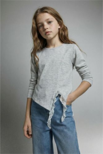 Kız Çocuk Slim Fit Dar Kesim Dantel Detaylı Fitilli Kaşkorse Uzun Kollu Tişört