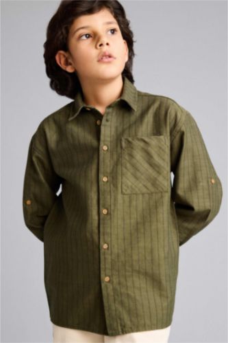 أولادي كاكي قميص مخطط اولادي كم طويل بوبلين اوفر سايز