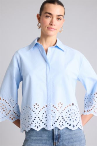 Women Light Blue Regular Fit brode Long Sleeve Shirt