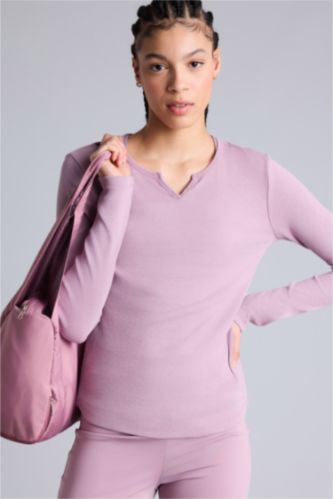 Kadın Gülkurusu Slım Fıt Bisiklet Yaka Sporcu Modal Uzun Kollu Tişört