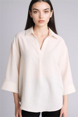 WOMAN Ecru Regular Fit Shirt Collar Long Sleeve Blouse