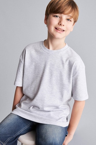 Boys & Teens Light Grey Melange Boy Oversize Crew Neck Basic T-Shirt