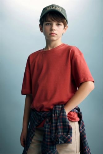 Ұлдар Және Жасөспірімдер Қою Қызғылт Сары Ер балаларға арналған Oversize дөңгелек жағалы қысқа жеңді футболка