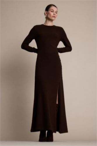 Bisiklet Yaka Yırtmaçlı Uzun Kollu Midi Elbise