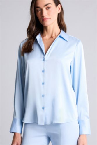 WOMAN Light Blue Regular Fit Shirt Collar Satin Long Sleeve Shirt