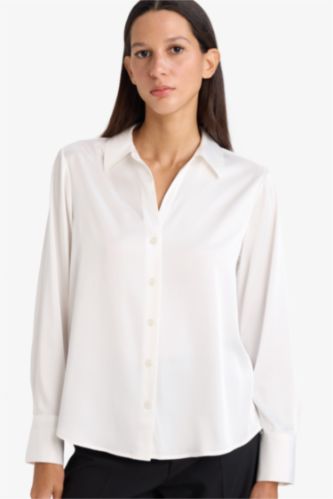 WOMAN White Regular Fit Shirt Collar Satin Long Sleeve Shirt