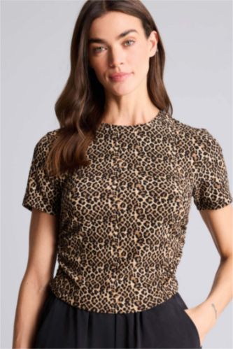 WOMAN Black تيشيرت نص كم منسوج سليم فيت وياقة مستديرة