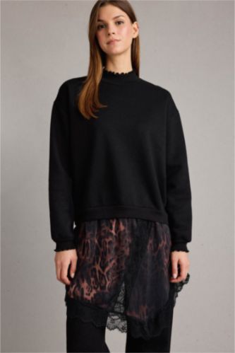 Bisiklet Yaka Etek Ucu Leopar Desenli Sweatshirt