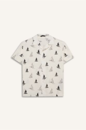 Erkek Çocuk - Genç Erkek Ekru Oversıze Polo Yaka Tropikal Desenli Baskılı Kumaş Kısa Kollu Gömlek Erkek Çocuk