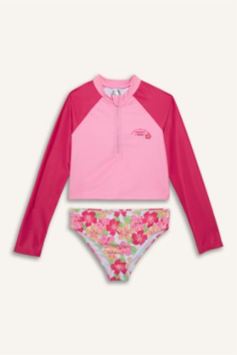 Kız Çocuk - Genç Kız Pembe Uzun Kollu Üst Çiçekli Alt Bikini Takım