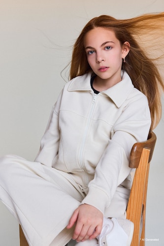 Girls & Teens Ecru Girl Polo Collar Zip-Up Sweatshirt