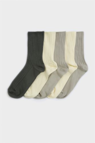 Kadın Açık Sarı Kadın Rahat Lastikli 5'li Pamuklu Uzun Çorap